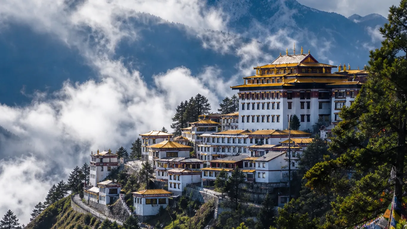 Tawang mountain landscape with monastery and snow-capped peaks
